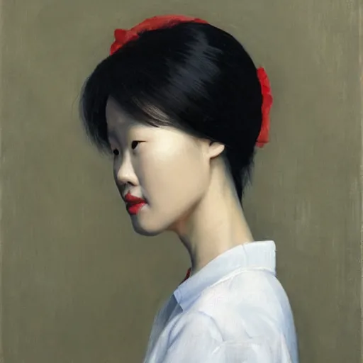 Image similar to portrait of a woman wearing white and red, oil painting by leng jun.