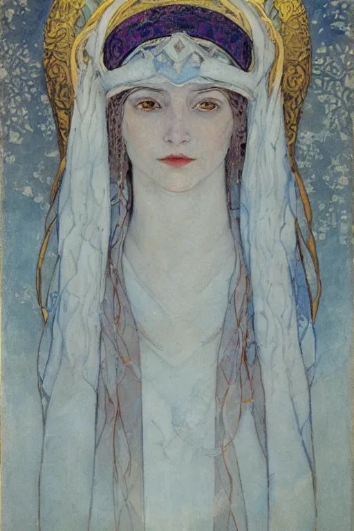 Image similar to queen of snow and ice by Annie Swynnerton and Nicholas Roerich, strong dramatic cinematic lighting , ornate headdress , flowing robes, lost civilizations, smooth, sharp focus, extremely detailed