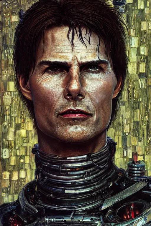 Image similar to portrait of demonic gothic Tom Cruise in mechanical power armor, cyberpunk, Warhammer, highly detailed, artstation, illustration, art by Gustav Klimt