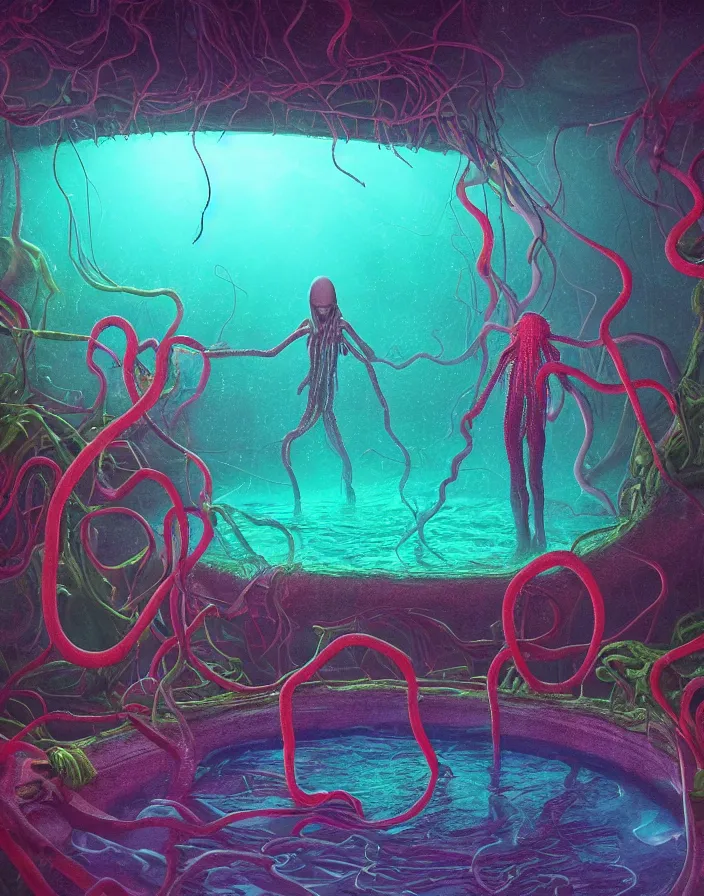 Prompt: photograph of a eerie alien standing in a florescent swimming pool room, tentacles and fungus growing out of pool, swampy atmosphere, ambient lighting, vibrant colors, highly detailed, by Jared Pike,