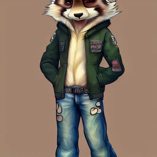 Image similar to beautiful furry art of ferret in jacket and jeans, deviant art, high quality, detailed, zootopia style