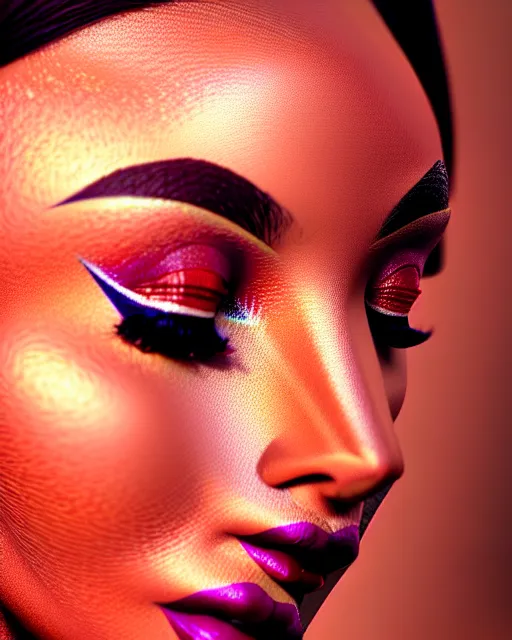 Image similar to beautiful female, arabic, haze, model, brown skin, intricate, filter, symmetrical face, makeup, sephora, maybelline, studio, reflections, cinematic, filmic, vsco, concept art, artstation, elegant, model, gorgeous, vray, flim, octane render, ambient occlusion, prism details