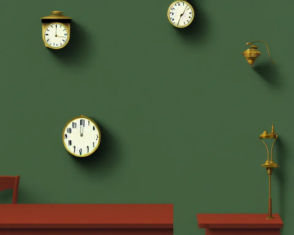 Image similar to an achingly beautiful print of Art Deco clocks on a dark green wall by Raphael, Hopper, and Rene Magritte. detailed, romantic, enchanting, trending on artstation.