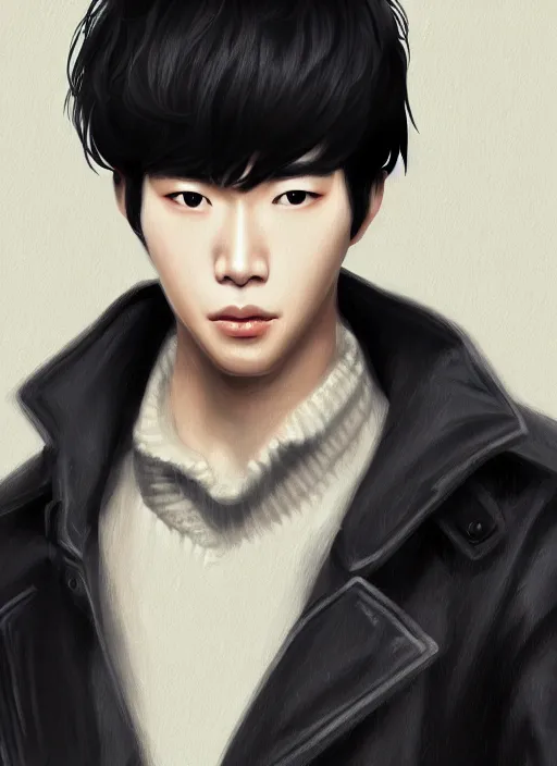 Image similar to a highly detailed illustration of young attractive black haired korean guy wearing black detective coat with coattails, heroic pose, strings background, intricate, elegant, highly detailed, centered, digital painting, artstation, concept art, smooth, sharp focus, league of legends concept art, wlop.