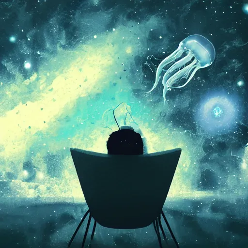 Prompt: over the shoulder photo of a man sitting on a chair while watching a magical glowing jellyfish in cosmic stardust, stars, galaxies, space, award winning photo, intricate, high detail, atmospheric, desolate, artstation