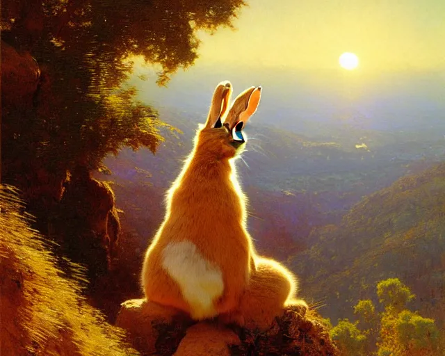 Image similar to hyper realistic rabbit looking off of a cliff, sun setting behind rabbit, lush forest in valley below, painted by gaston bussiere, craig mullins, j. c. leyendecker 8 k