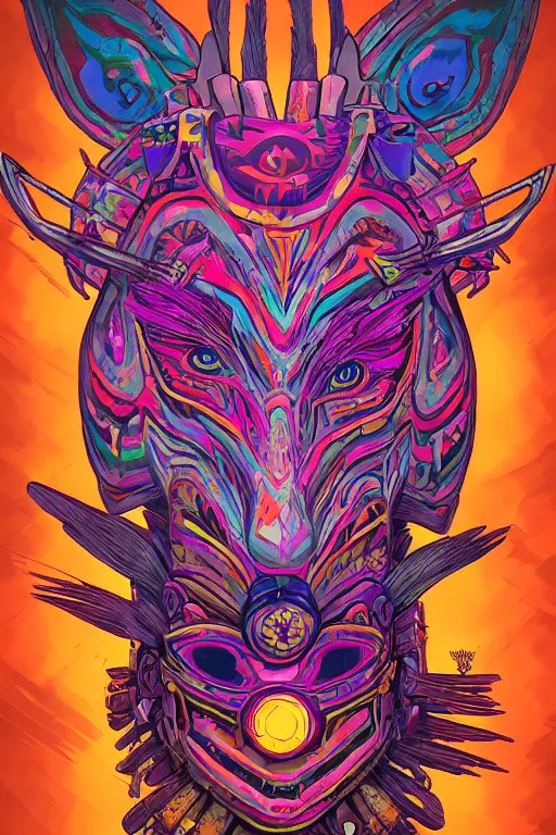 Image similar to totem animal tribal chaman vodoo mask feather gemstone plant wood rock video game illustration vivid color borderlands by josan gonzales and dan mumford radiating a glowing aura