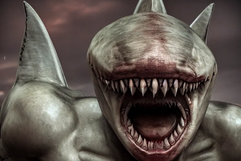 Image similar to A human with shark head made of muscles and flesh, very angry, teeth, ambient light, terror, glows, realistic, photo-realism, hyper realism, picture, detailed, 3D render, scary, distant shot, in the distance,