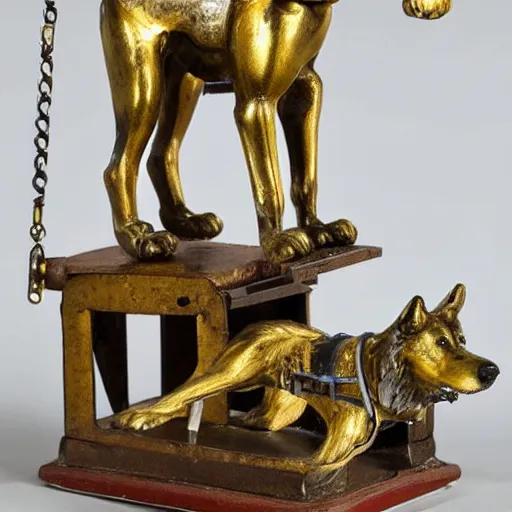 Image similar to 19th century mechanical automata depicting a wolf in a workshop, gold and silver