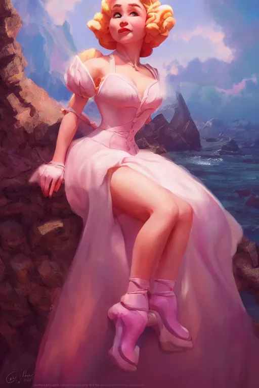 Prompt: Emilia Clarke as the princess peach by Gil Elvgren Stanley Artgerm Lau, WLOP, James Jean, Andrei Riabovitchev, Marc Simonetti, Yoshitaka Amano, ArtStation, CGSociety, cinematic lighting, god ray, starlit shining eyes