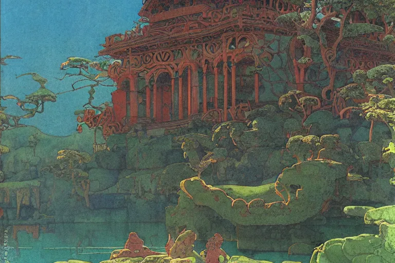 Image similar to ancient temple by a lake | by Edmund Dulac and Maxfield Parrish and Nicholas Roerich | ornate carvings| climbing vines| rich color | dramatic cinematic lighting