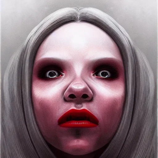 Image similar to portrait of a lady vampire, 35mm, depth of field, DOF, ominous, detailed, realistic, unreal engine, cinematic, high definition, 4k, artstation, Zdzisław Beksiński, irwin penn
