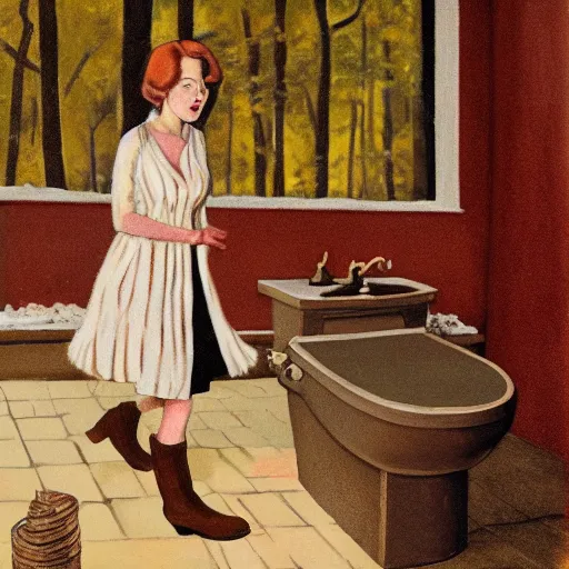 Image similar to emma stone in boots walking to outdoor toilet, winter, russian depression, chthonic, sharp focus, detailed, art by grant wood