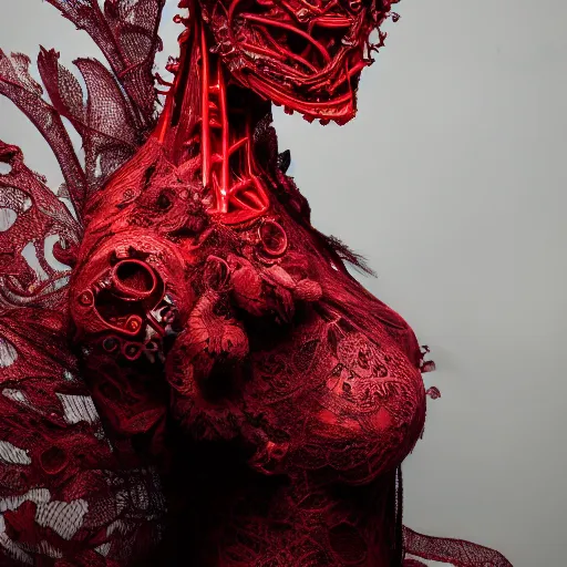 Image similar to a female model by stefan geselle and nekro borja, photorealistic, biomechanical, red lace, intricate details, hyper realistic, ornate headpiece, dark beauty, photorealistic, canon r 3, photography, wide shot, photography, dark beauty, symmetrical features