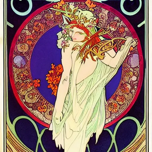 Image similar to persephone as goddess of death and flowers, evil, painted by alphonse mucha