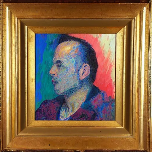 Prompt: oil on canvas, vivid colors, portrait of a man, impressionistic, rough pointillism