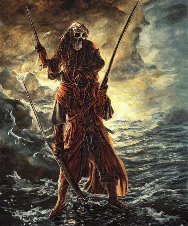 Image similar to ultra realistic color portrait painting of a tranparent 1 7 th century pirate ghost with a sword in a grotto, dark, painted, brooding, atmospheric, seascape, horror, smooth, epic, highly detailed, cinematic, by larry elmore