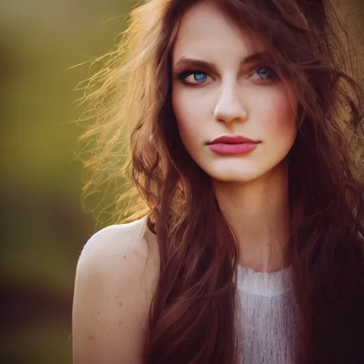 Image similar to outdoor portrait of a very beautiful young woman with gorgeous eyes, high cheek bones, flowing hair, lens flare, light bleed, glow filter, dramatic lighting, 5 0 mm f 1. 2, fuji 4 0 0 h