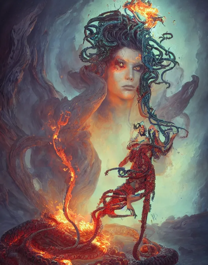 Prompt: a splatterpunk pose of a gorgon woman with flaming snakes for hair staring into a volcano, hyperrealistic, award-winning, in the style of Tom Bagshaw, Cedric Peyravernay, Peter Mohrbacher