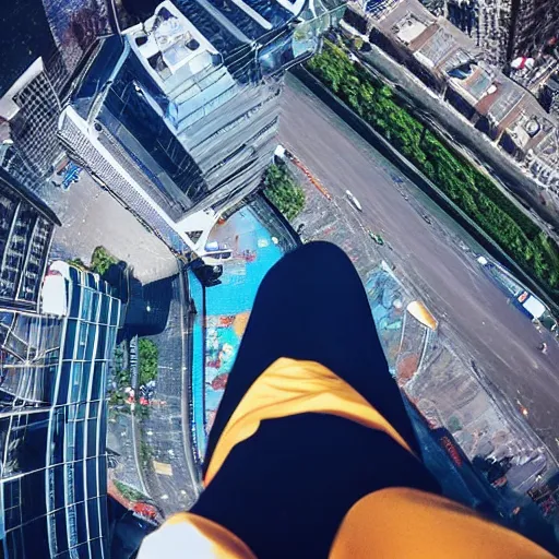 Prompt: a selfie taken mid air, while falling to the ground from a skyscraper