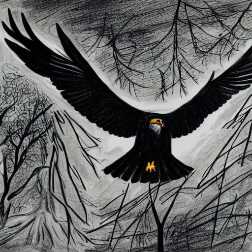 Prompt: drawing of a black eagle flying over a forest