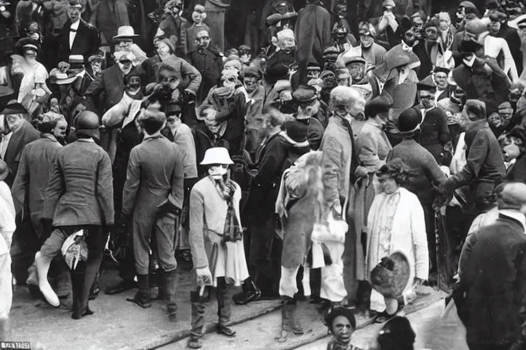 Image similar to a time traveler dressed in a futuristic experimental suit, among a crowd. in a black and white historical picture from 1 9 2 0,