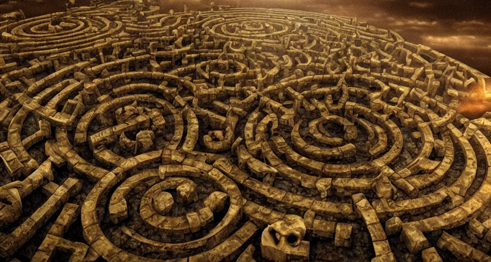 Prompt: circular labyrinth made out of bones, art deco medieval style, grimdark vibes, golden skeleton statue in center of labyrinth, abandoned vibes, gloomy moody clouds, god sun rays, complimentary color scheme, G liulian Art style, dynamic lighting, highly detailed, cinematic landscape, octane render, unreal engine