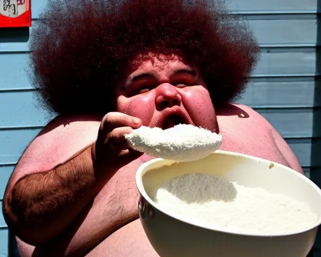 Image similar to Obese fan with an afro eating as much flour and oil humanly possible, he weighs 900 pounds and is drinking oil from a pitcher