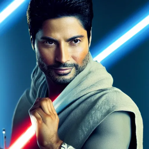 Image similar to Chayanne the singer as a jedi in star wars, holding a lightsabre. splash art, cinematic lighting, dramatic, octane render, long lens, shallow depth of field, bokeh, anamorphic lens flare, 8k, hyper detailed, 35mm film grain