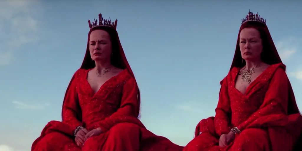 Image similar to film still of closeup a woman sitting on a throne in red long dress on the mountain of dead knights. by emmanuel lubezki