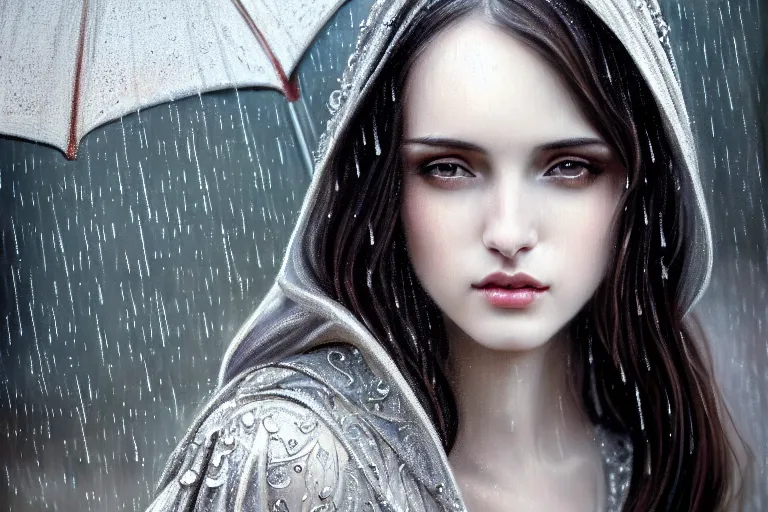 Image similar to highly detailed portrait of a beautiful girl in the rain with wet dark hair and pale skin, ornate elegant silver robes, fantasy, intricate, elegant, dramatic lighting, emotionally evoking symbolic metaphor, highly detailed, lifelike, photorealistic, digital painting, artstation, concept art, smooth, sharp focus, illustration, art by John Collier and Albert Aublet and Krenz Cushart and Artem Demura and Alphonse Mucha