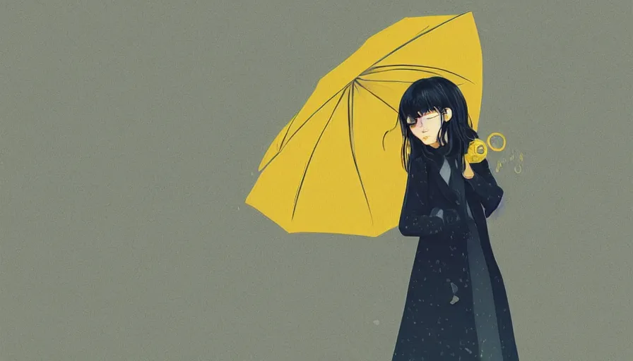 Prompt: girl in a yellow coat standing in the rain holding a small pocket watch, thick outlines, bright colors, geometric shapes, digital art, hard edges, detailed, anime style, art by sora kim, rinotuna, ilya kuvshinov