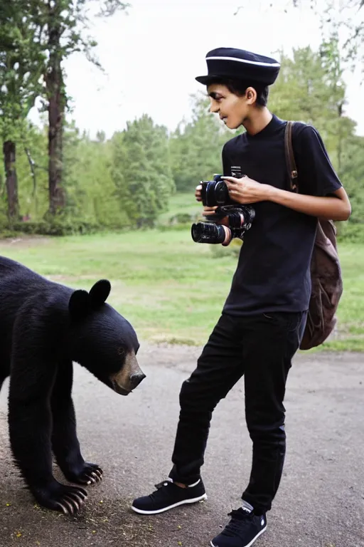 Image similar to slim teenage boy, dark curly hair, wearing a black beret hat, dark shirt black trousers, brown satchel, outside in a park, using a super 8mm camera to film a bear which is beside him