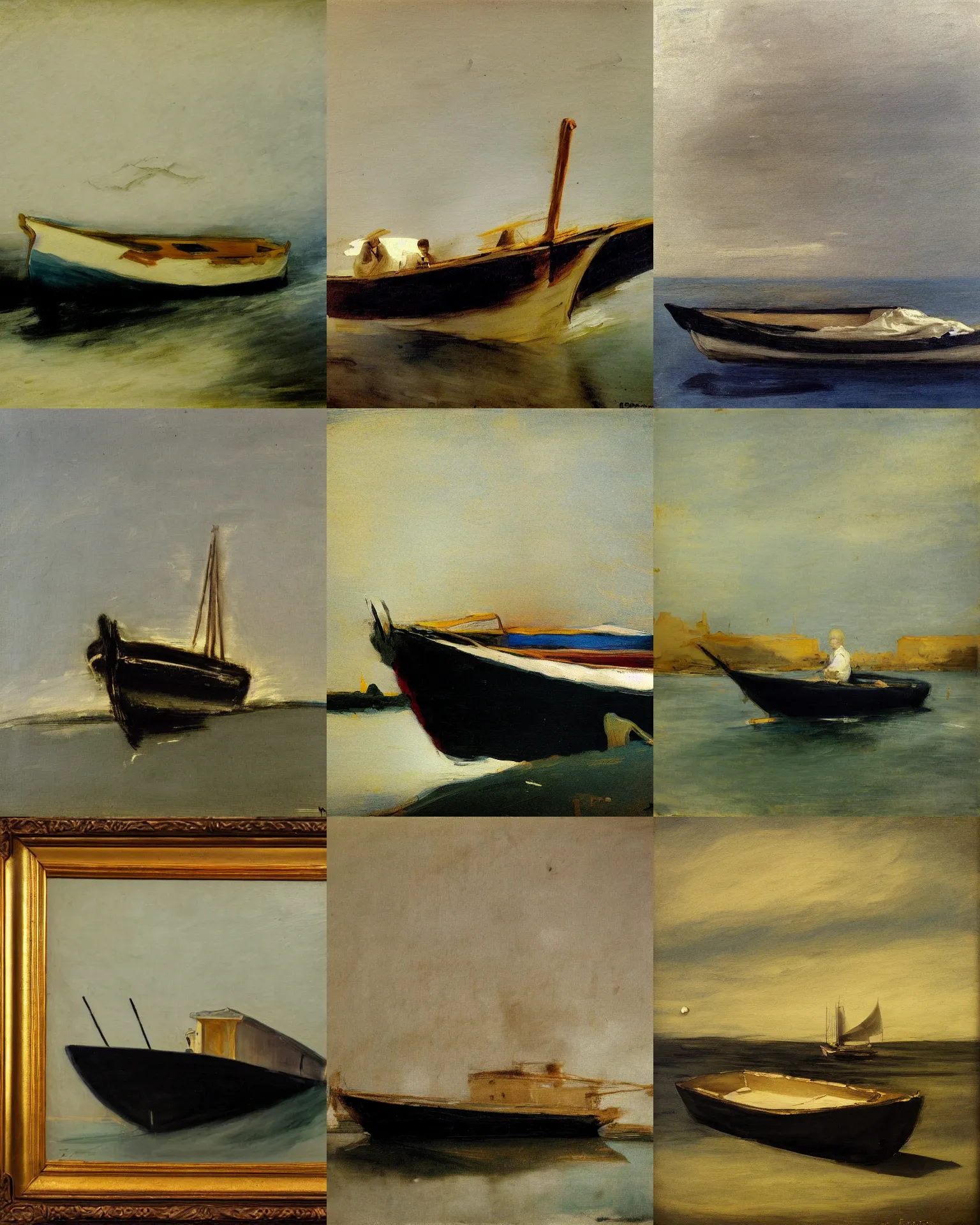 Prompt: a painting of a boat, a minimalist painting by Francisco Josè de Goya, deviantart, tonalism, studio portrait, oil on canvas, childs drawing