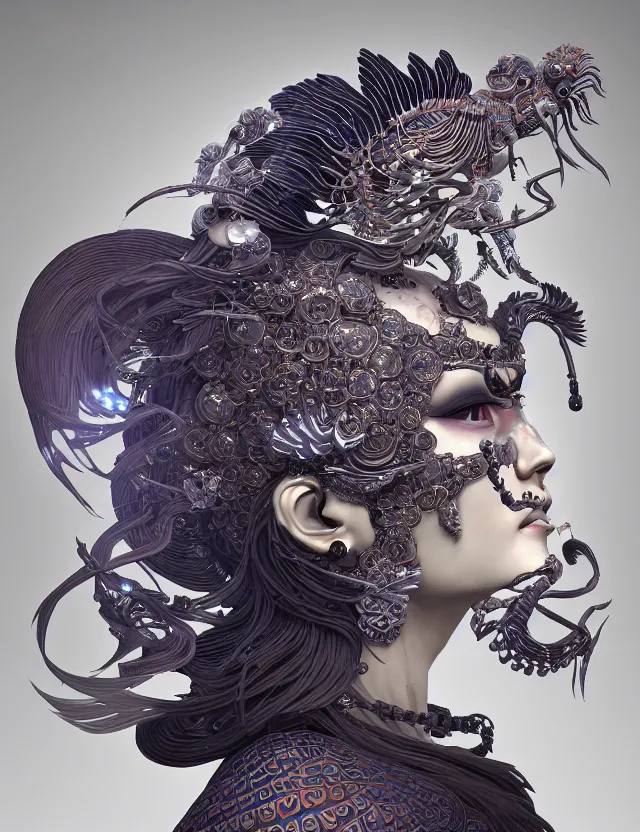 Image similar to 3 d goddess close - up profile portrait biomechanics with ram skull. beautiful intricately detailed japanese crow kitsune mask and clasical japanese kimono. betta fish, jellyfish phoenix, bio luminescent, plasma, ice, water, wind, creature, artwork by tooth wu and wlop and beeple and greg rutkowski