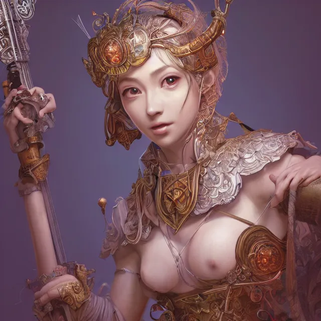 Image similar to studio portrait of neutral good colorful female cleric bard healer as absurdly beautiful, elegant, young skinny gravure idol, ultrafine hyperrealistic detailed face illustration by kim jung gi, irakli nadar, intricate linework, sharp focus, bright colors, matte, octopath traveler, final fantasy, unreal engine highly rendered, global illumination, radiant light, intricate environment