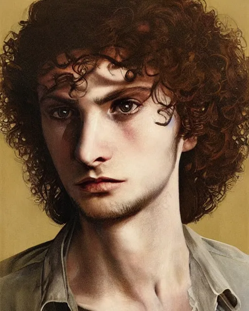 Image similar to a beautiful but sinister young man in layers of fear, with haunted eyes and curly hair, 1 9 7 0 s, seventies, delicate embellishments, a little blood, painterly, offset printing technique, mary jane ansell