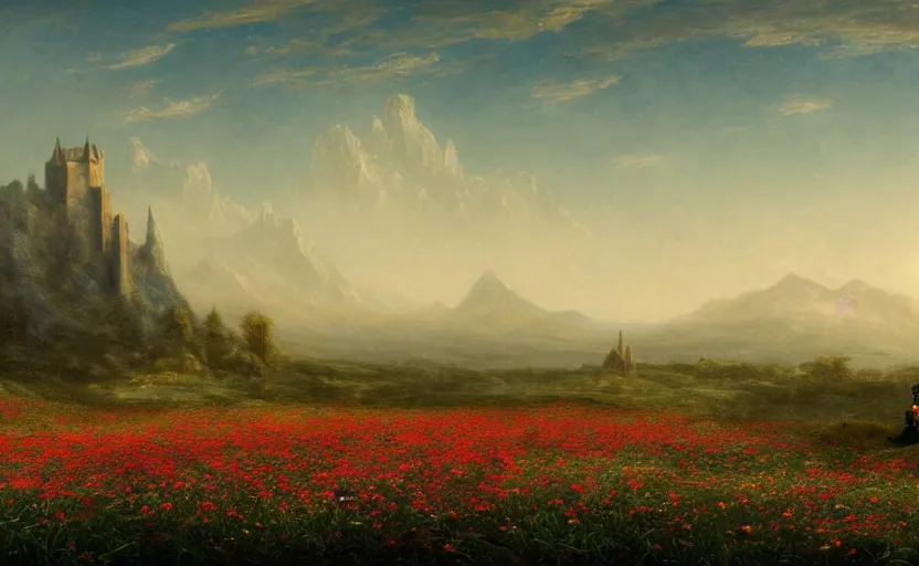 Image similar to beautiful flower field with a lone castle in the distance, close up shot, rocky, at dusk, distant mountains, 4k, rule of thirds, extreme detail, hazy, intricate ink illustration, surreal, surrealist, trending on artstation, cgsociety, hd, calm, complimentary colours, realistic lighting, by Albert Bierstadt, Frederic Edwin Church.