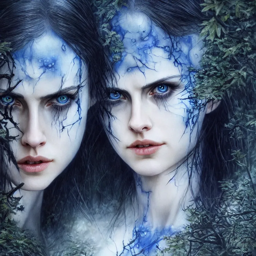 Image similar to photo of a gorgeous nordic female, covered in blue blood, in a dark forest, alexandra daddario face!, realistic, sharp focus, 8 k high definition, insanely detailed, intricate, elegant, art by stanley lau and artgerm, luis royo, greg kutkowski