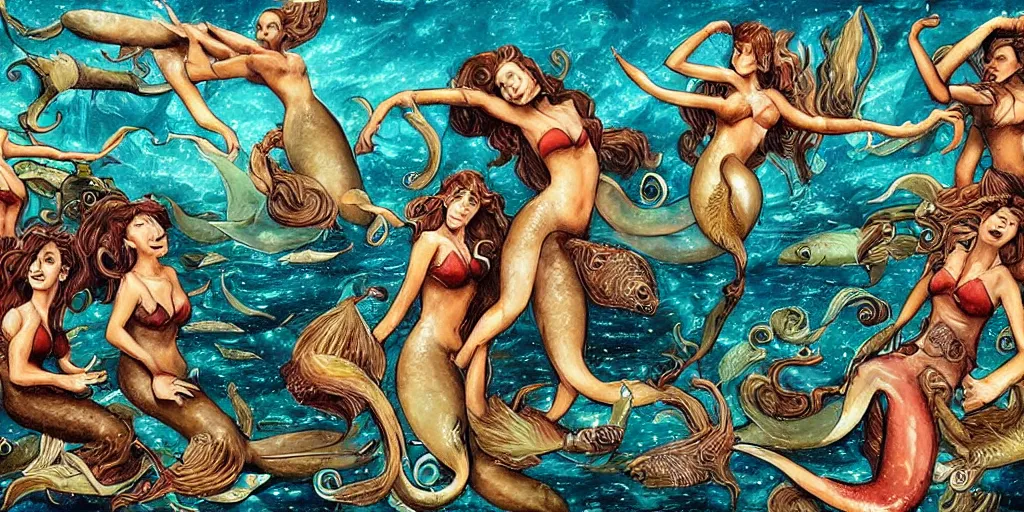 Image similar to divine group of mermaids throwing and hitting eachother with fishes and octopus, fight scene from action movie by tony scott