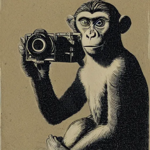 Prompt: Portrait of a monkey holding a camera, in style of dalle 2