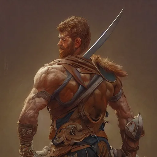 Prompt: portrait of a gruff ranger carrying a lance, Cain, muscular, hairy body, intricate, elegant, highly detailed, digital painting, artstation, concept art, matte, sharp focus, illustration, art by Artgerm and Greg Rutkowski and Alphonse Mucha