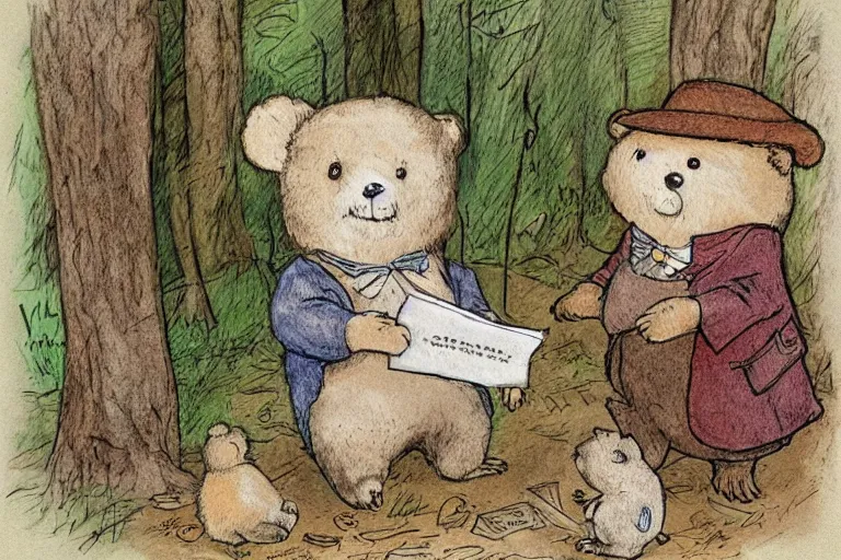 Image similar to a detailed children's book illustration by beatrix potter of a cute female bear child holding an envelope with a look of surprise surrounded by woodland animals. digital art, trending on artstation.