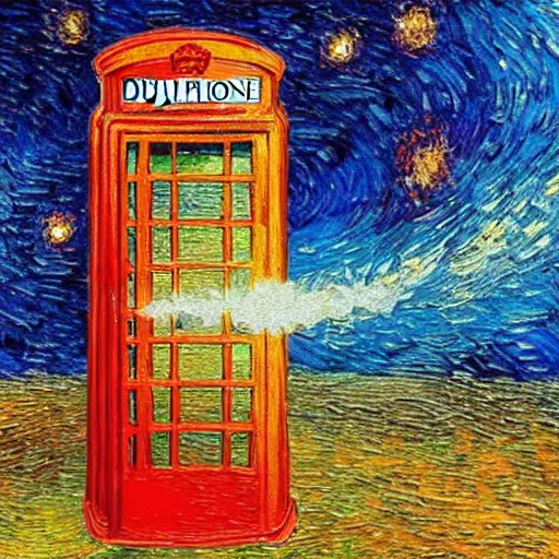 Prompt: a blue english phone booth exploding in space, impressionism, in the style of van gogh