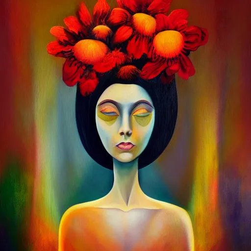 Image similar to huge flower as head, woman standing in a luxury apartment, surreal, dramatic light, impressionist painting, digital painting, artstation, georgia o'keeffe