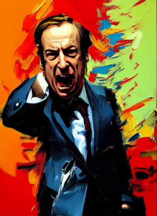 Image similar to saul goodman in colorful suit, screaming, painting by phil hale, fransico goya, david lynch,'action lines '!!!, graphic style, visible brushstrokes, motion blur, blurry