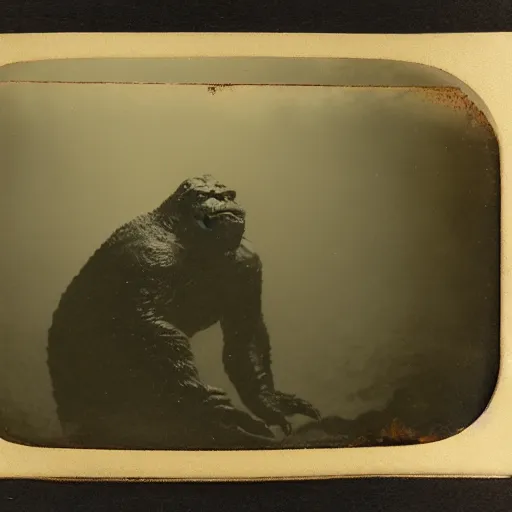 Image similar to tintype photo, underwater, Bigfoot fighting Godzilla