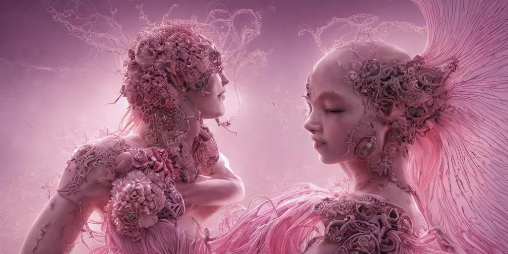 Image similar to hyperrealistic solarpunk photography of a highly detailed and symmetrical gorgeous cyborg nymph awash in a sea of pink milk in the style of beth cavener, jin kagetsu, james jean and wlop, highly detailed, face symmetry, masterpiece, award - winning, sharp focus, intricate concept art, ambient lighting, 8 k, artstation