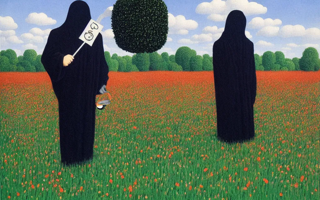 Image similar to grim reaper with no face, holding justice scale, looking at you in distance in beautiful meadow of flowers, detailed painting by rene magritte