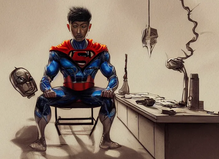 Image similar to an insanely detailed painting of an asian man wearing a homemade superhero costume, sitting at a desk, staring seriously at the computer and typing, in the style of peter mohrbacher, james jean, artgerm, dramatic lighting and composition, surreal background, octane render, pixar, trending on artstation, concept art, comic book, view from behind, 8 k